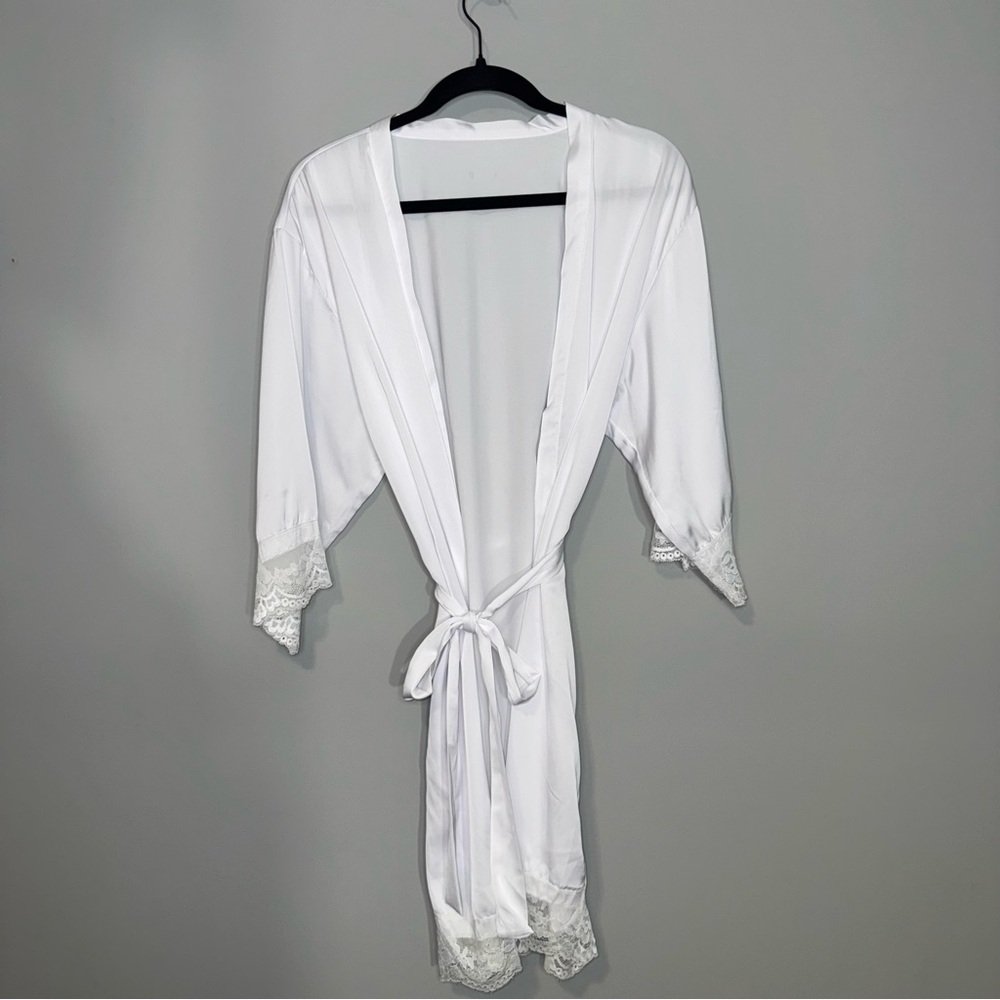 Womens White Satin Lace Trim Robe Short Kimono Bridal Loungewear Tie Waist White